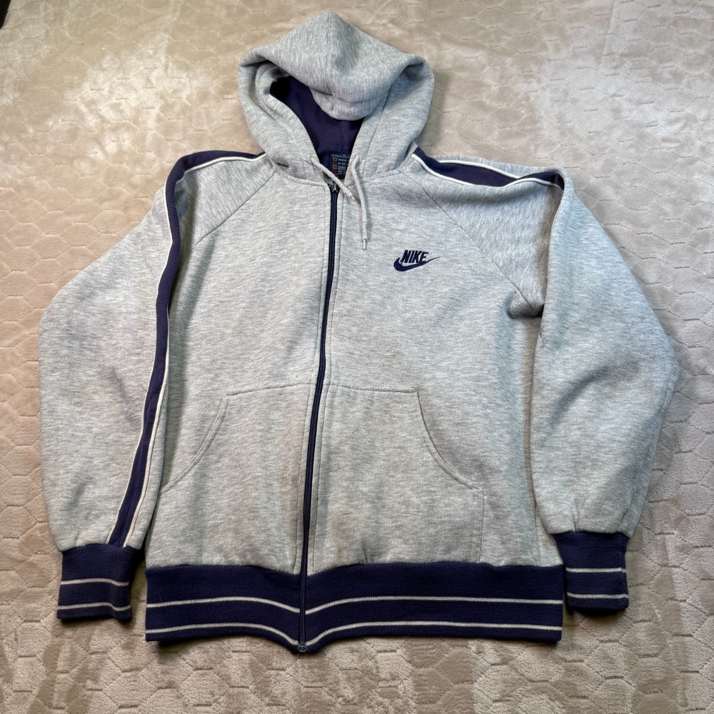 VTG 80s Nike Gray Full Zip Embroidered Hoodie Sz Med Dingy Stained Rare